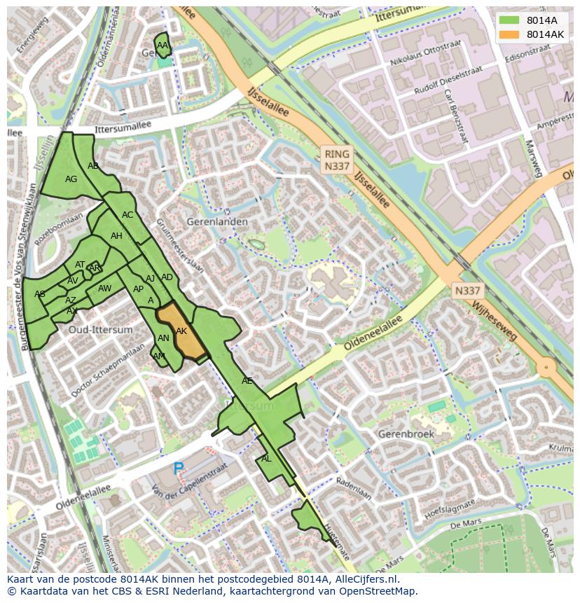 Afbeelding van het postcodegebied 8014 AK op de kaart.