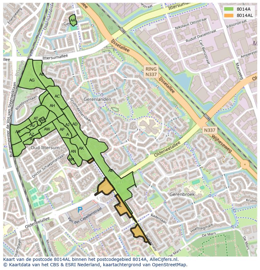 Afbeelding van het postcodegebied 8014 AL op de kaart.