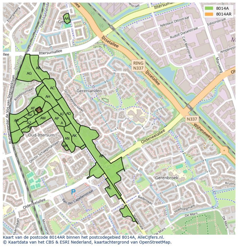 Afbeelding van het postcodegebied 8014 AR op de kaart.
