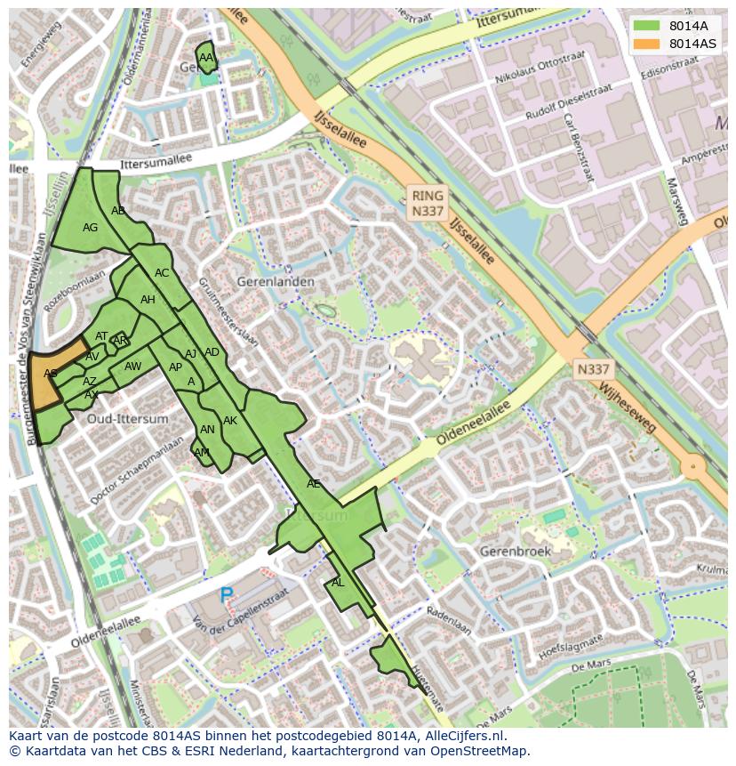 Afbeelding van het postcodegebied 8014 AS op de kaart.