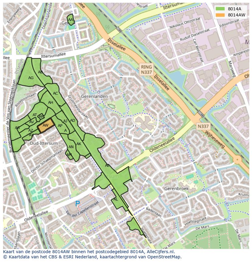 Afbeelding van het postcodegebied 8014 AW op de kaart.