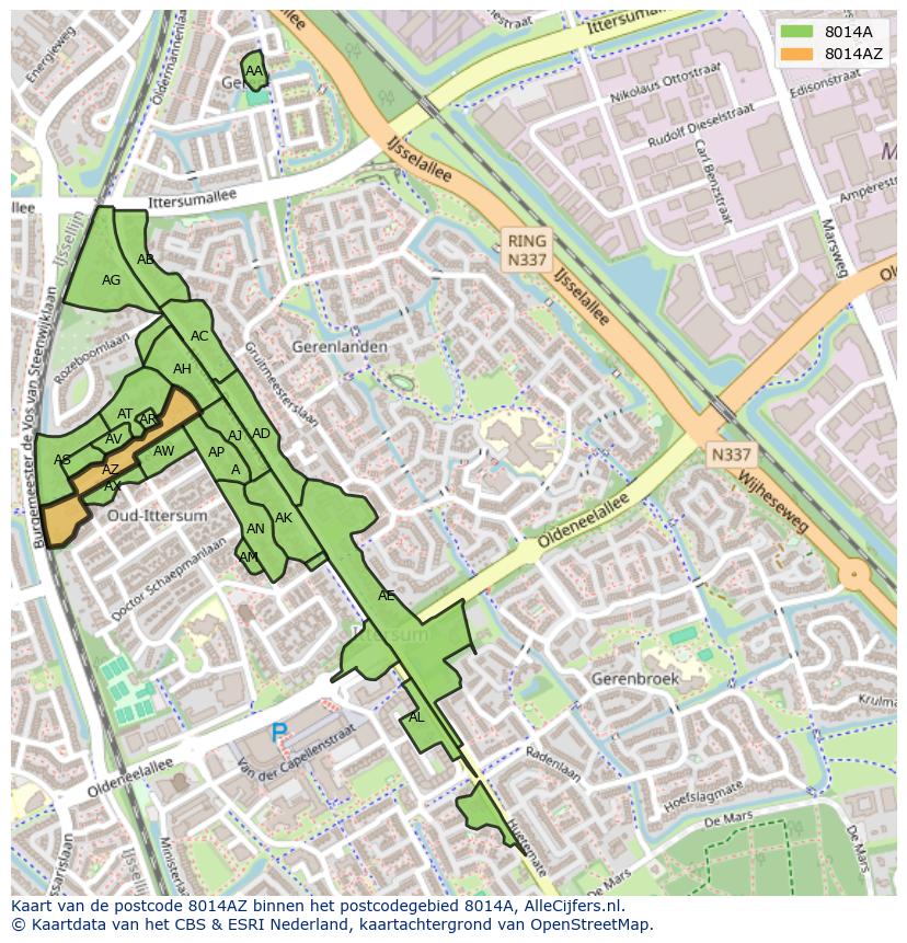 Afbeelding van het postcodegebied 8014 AZ op de kaart.