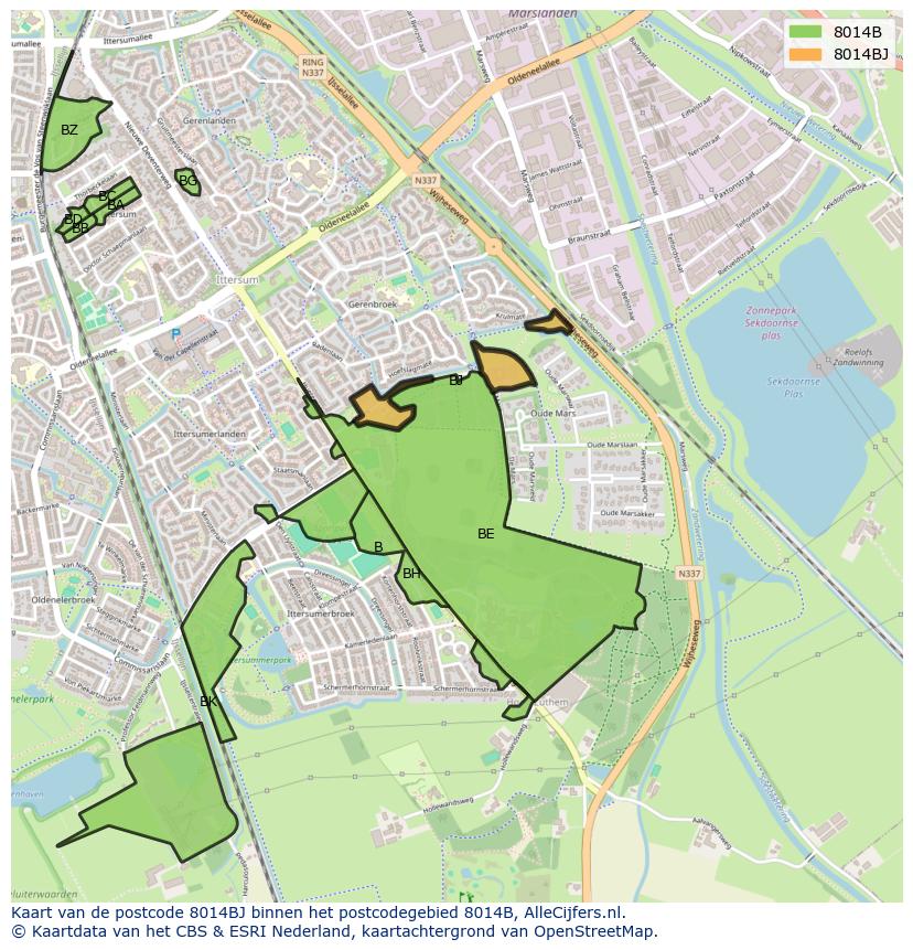 Afbeelding van het postcodegebied 8014 BJ op de kaart.