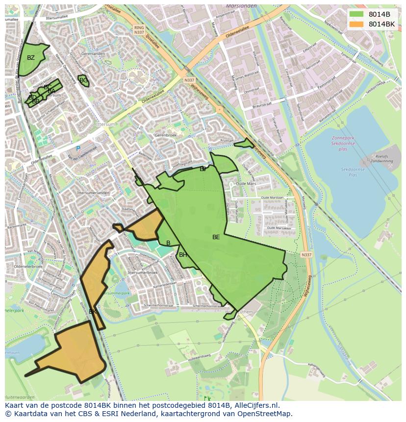Afbeelding van het postcodegebied 8014 BK op de kaart.