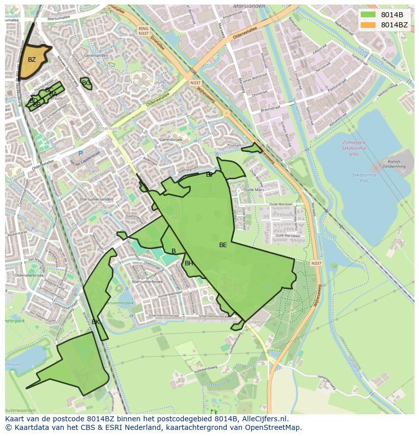 Afbeelding van het postcodegebied 8014 BZ op de kaart.