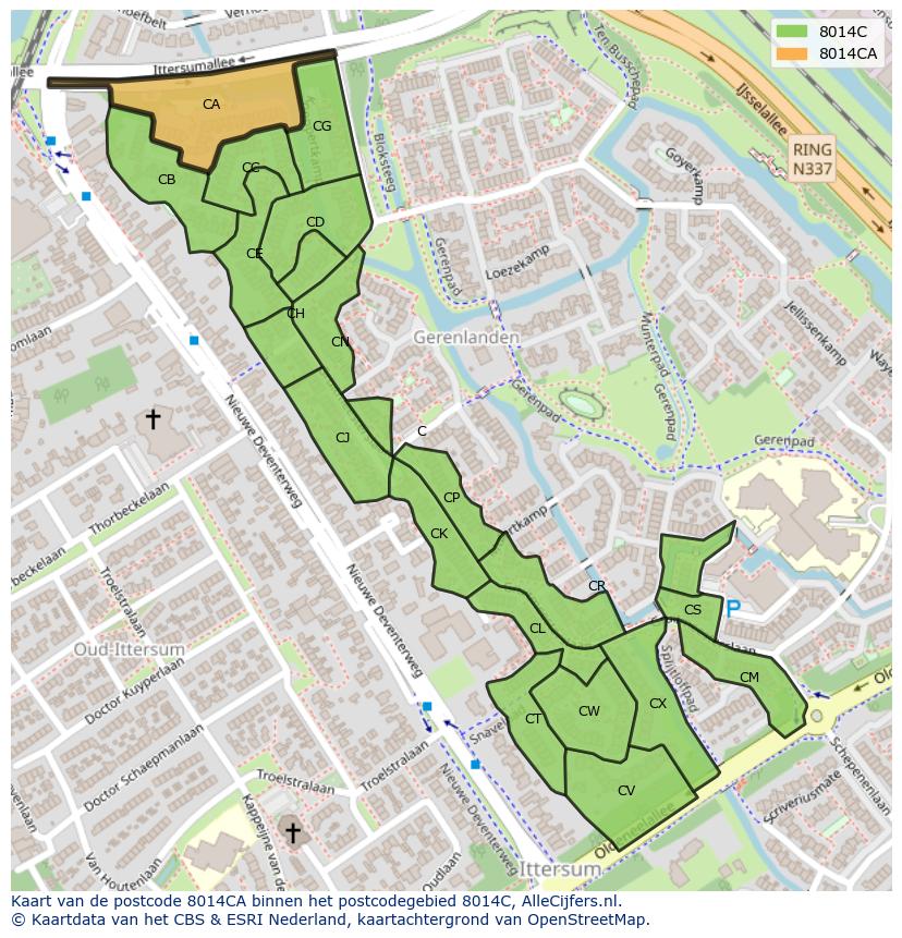 Afbeelding van het postcodegebied 8014 CA op de kaart.