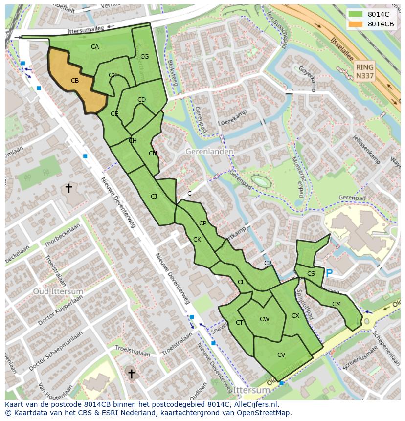 Afbeelding van het postcodegebied 8014 CB op de kaart.