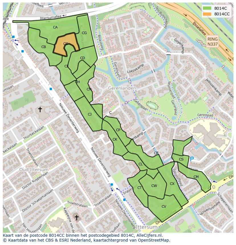 Afbeelding van het postcodegebied 8014 CC op de kaart.
