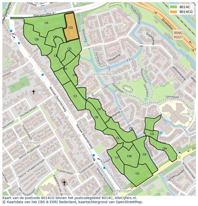 Afbeelding van het postcodegebied 8014 CG op de kaart.