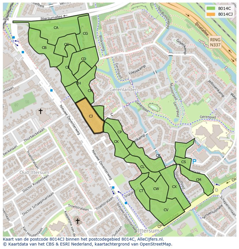 Afbeelding van het postcodegebied 8014 CJ op de kaart.