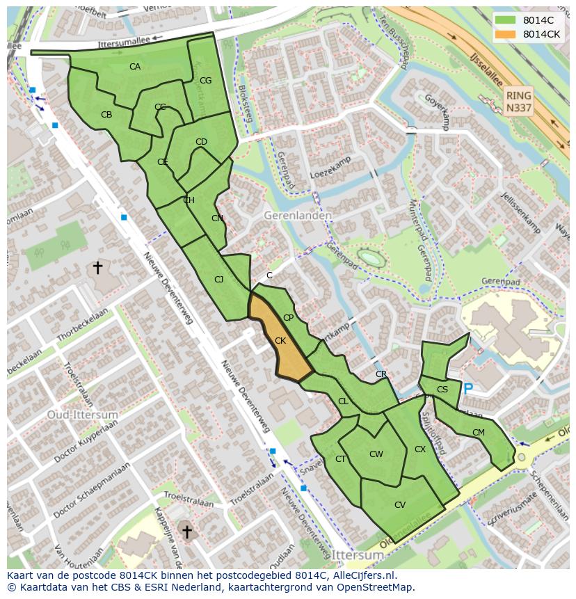 Afbeelding van het postcodegebied 8014 CK op de kaart.