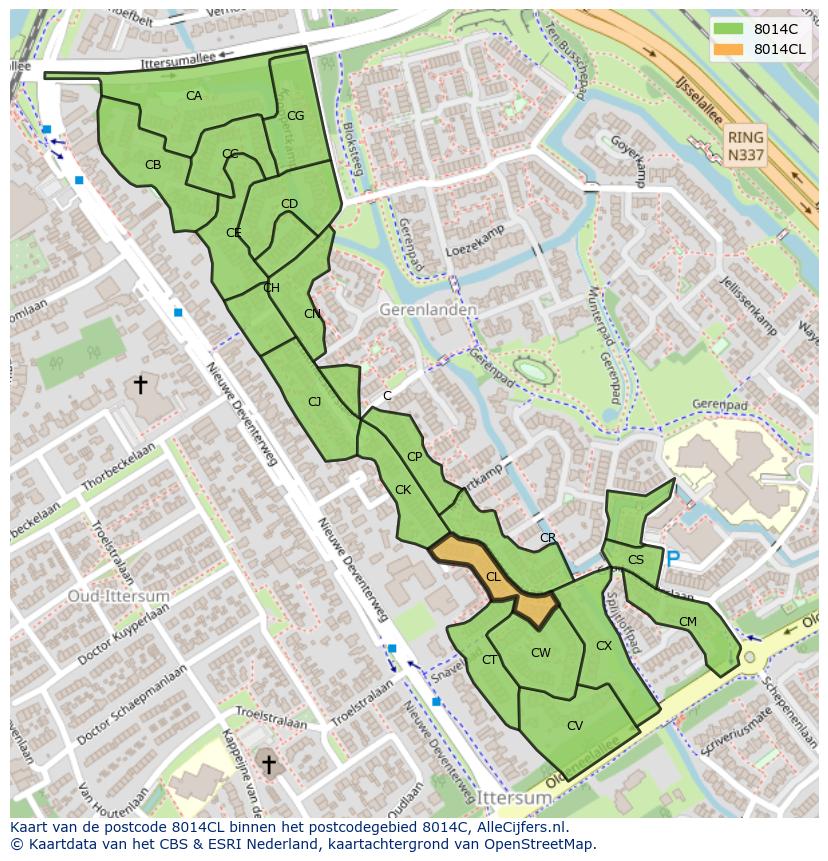 Afbeelding van het postcodegebied 8014 CL op de kaart.