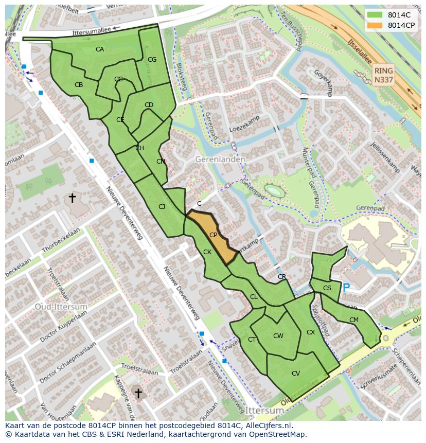 Afbeelding van het postcodegebied 8014 CP op de kaart.
