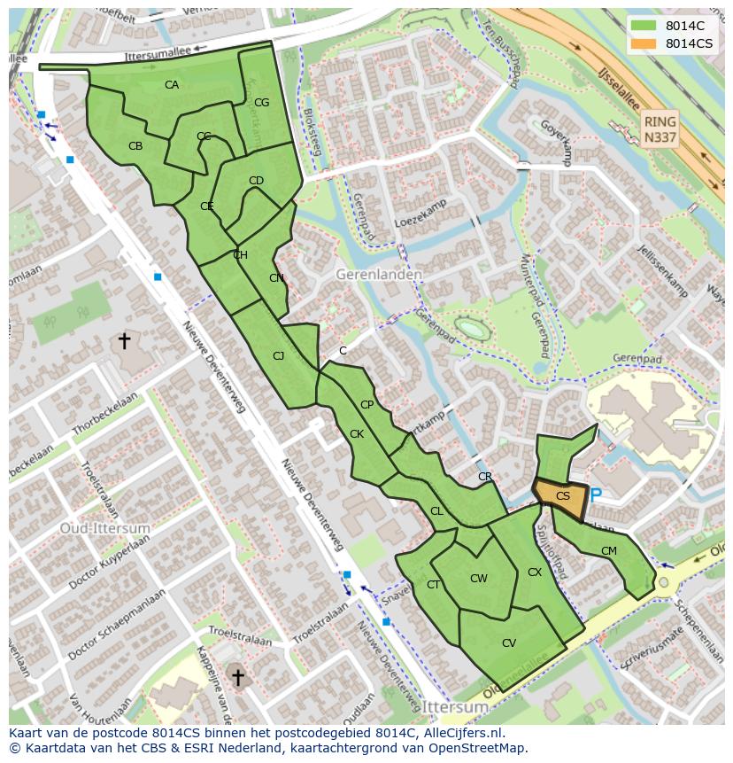 Afbeelding van het postcodegebied 8014 CS op de kaart.