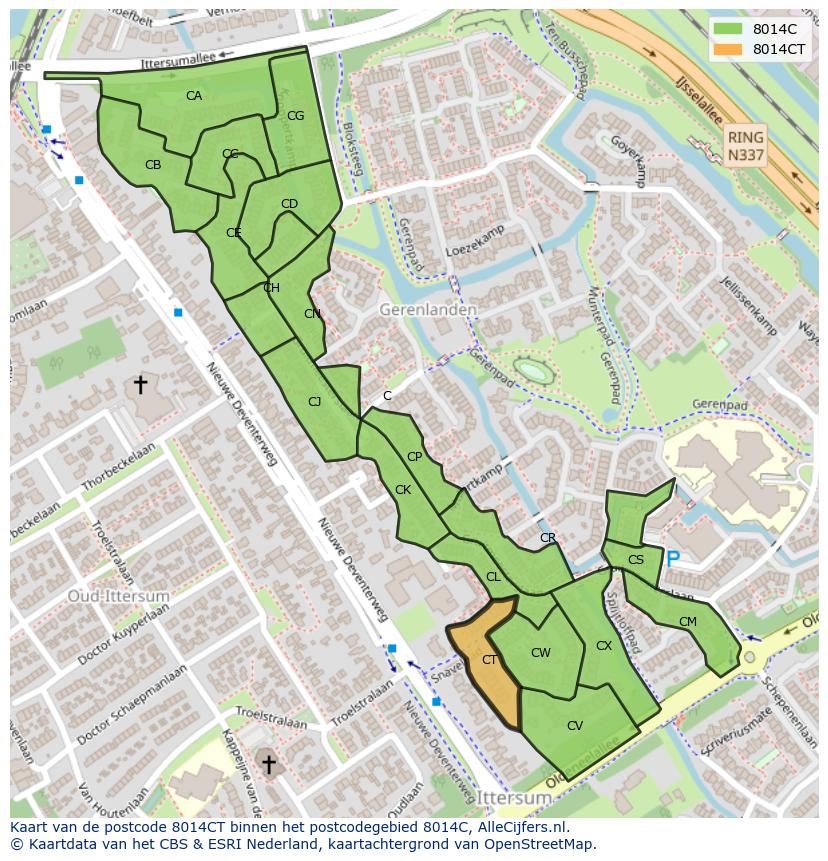 Afbeelding van het postcodegebied 8014 CT op de kaart.