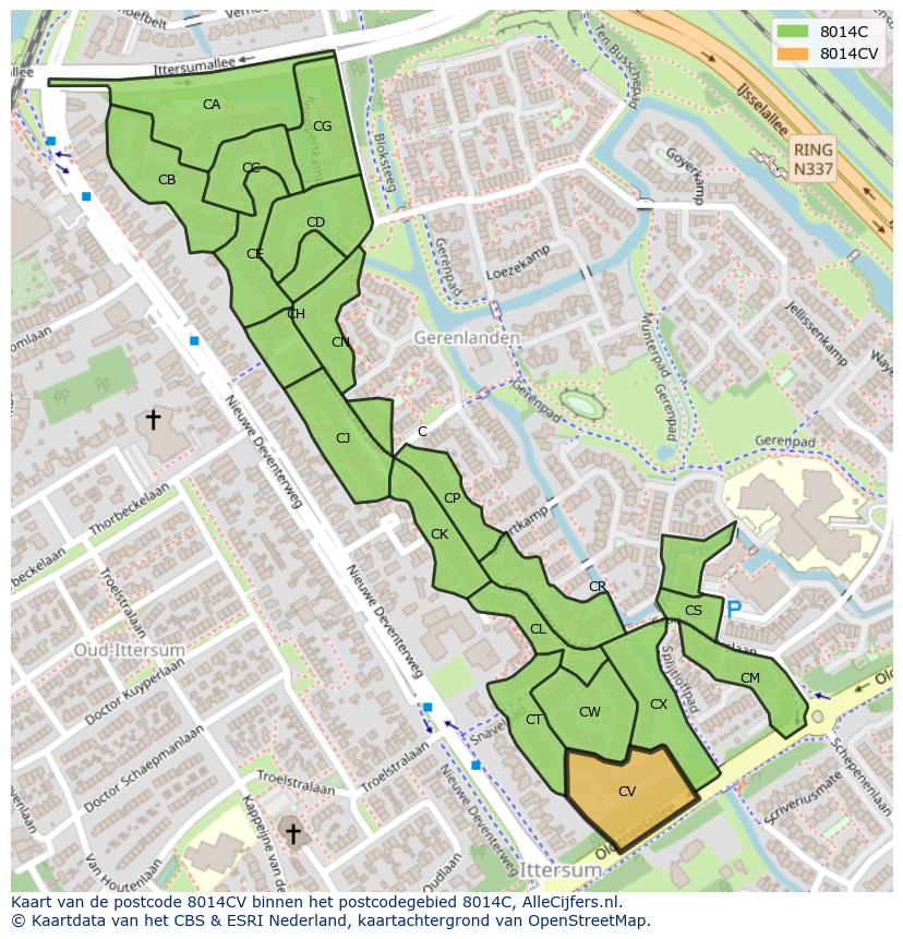 Afbeelding van het postcodegebied 8014 CV op de kaart.