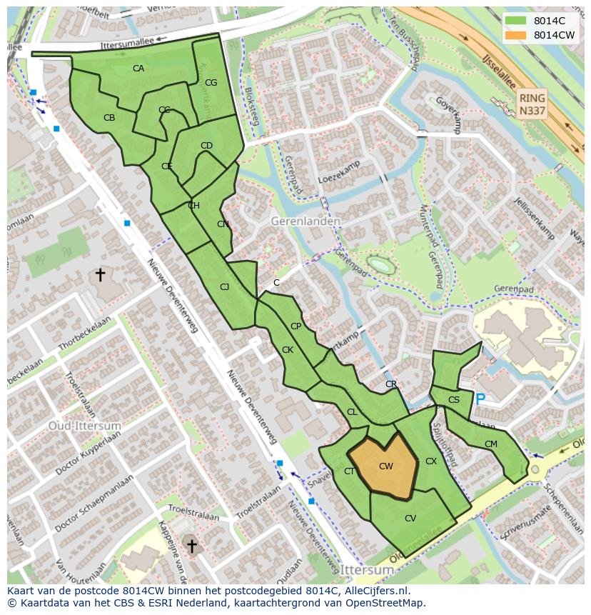 Afbeelding van het postcodegebied 8014 CW op de kaart.