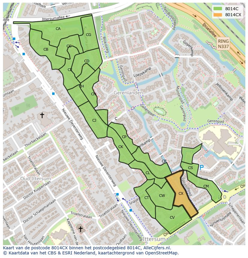 Afbeelding van het postcodegebied 8014 CX op de kaart.