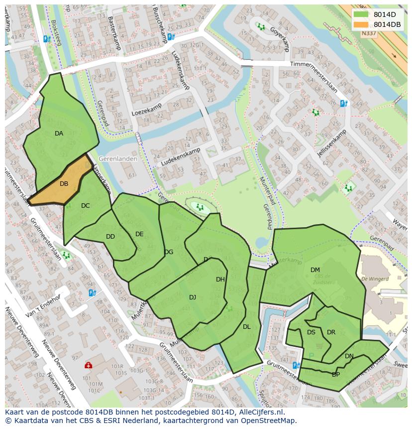 Afbeelding van het postcodegebied 8014 DB op de kaart.
