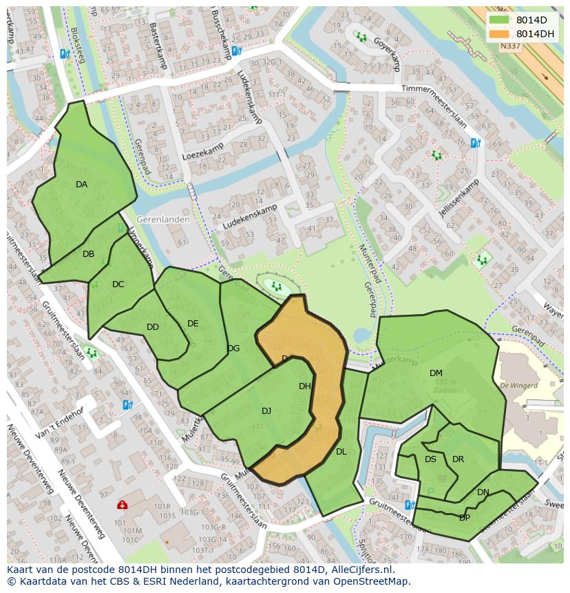 Afbeelding van het postcodegebied 8014 DH op de kaart.