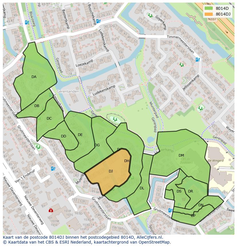 Afbeelding van het postcodegebied 8014 DJ op de kaart.