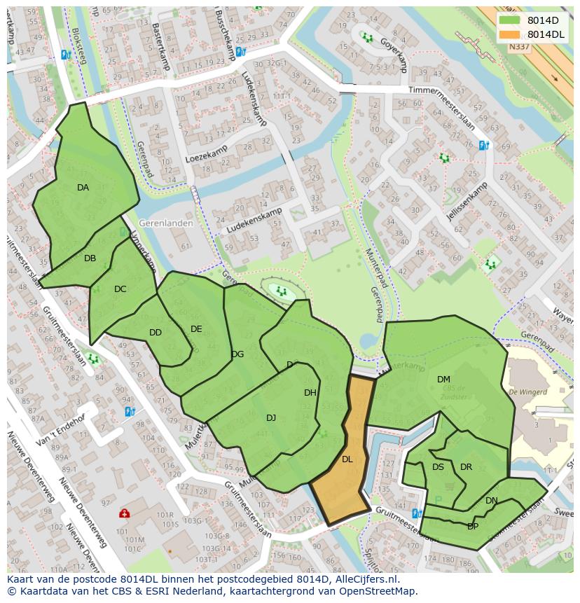 Afbeelding van het postcodegebied 8014 DL op de kaart.