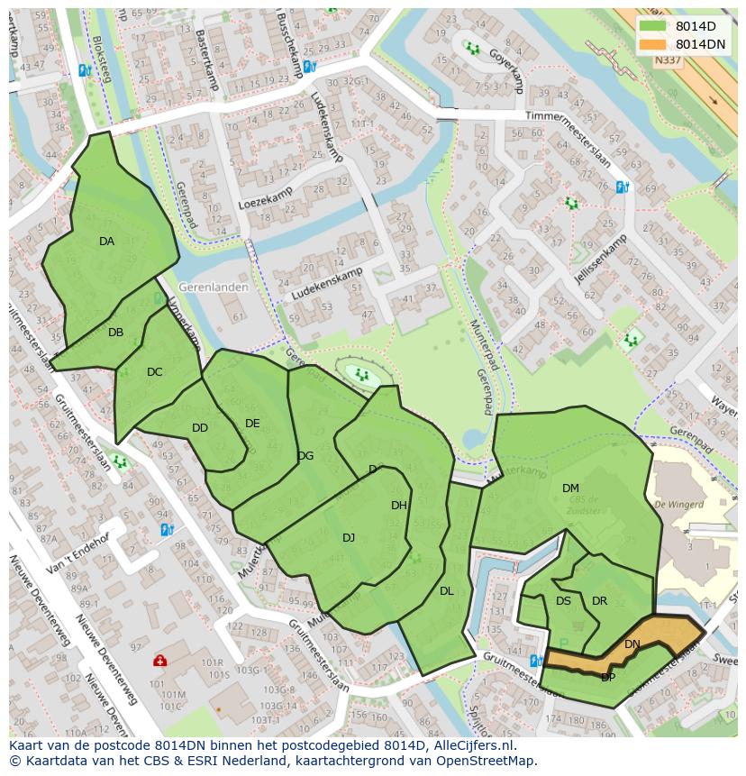 Afbeelding van het postcodegebied 8014 DN op de kaart.