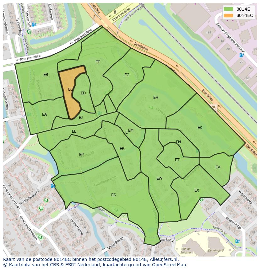 Afbeelding van het postcodegebied 8014 EC op de kaart.