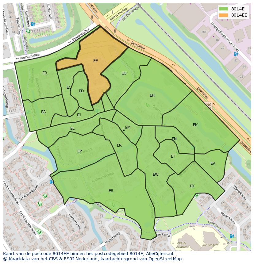 Afbeelding van het postcodegebied 8014 EE op de kaart.