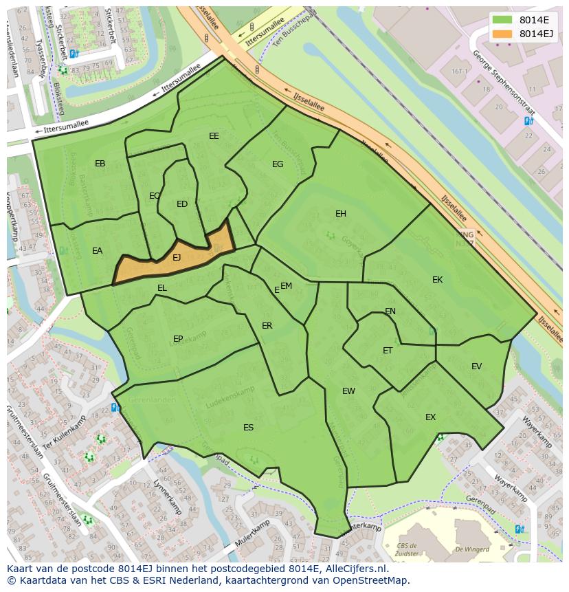 Afbeelding van het postcodegebied 8014 EJ op de kaart.