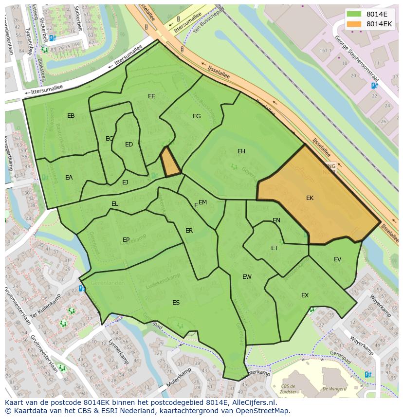 Afbeelding van het postcodegebied 8014 EK op de kaart.
