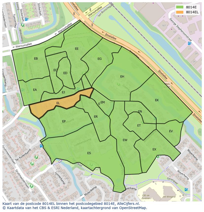 Afbeelding van het postcodegebied 8014 EL op de kaart.