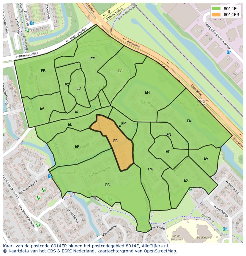 Afbeelding van het postcodegebied 8014 ER op de kaart.