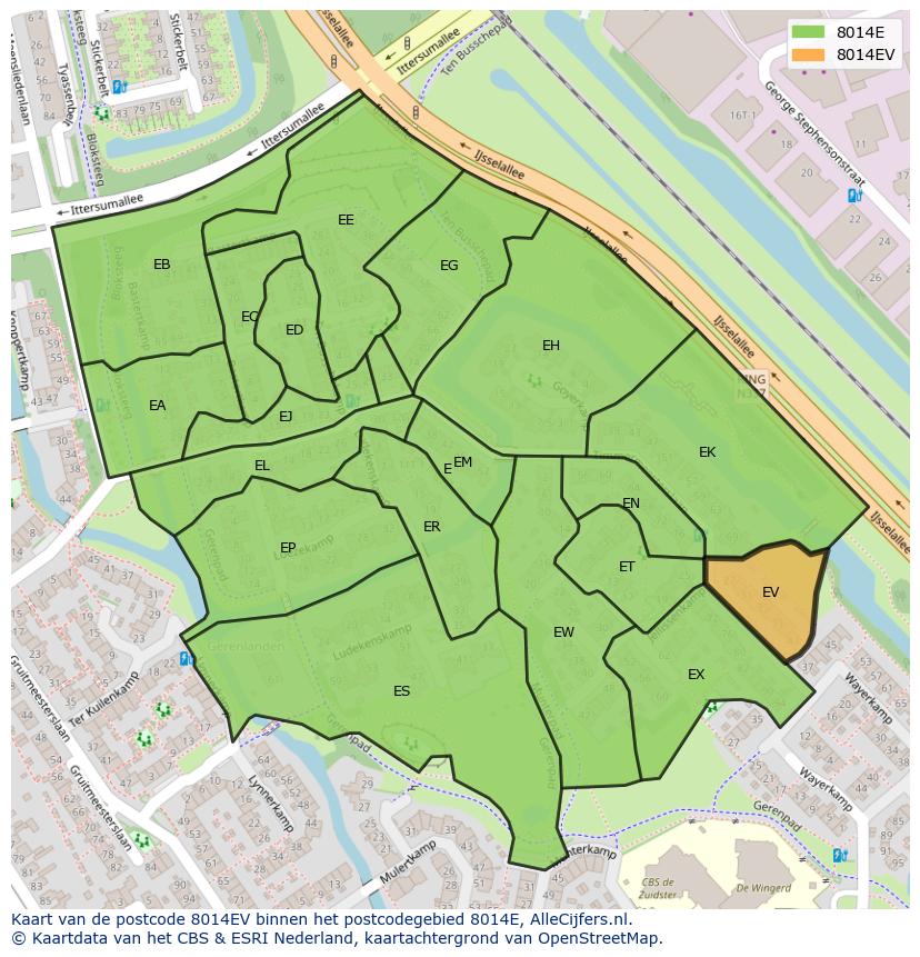 Afbeelding van het postcodegebied 8014 EV op de kaart.