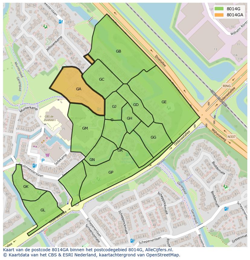 Afbeelding van het postcodegebied 8014 GA op de kaart.
