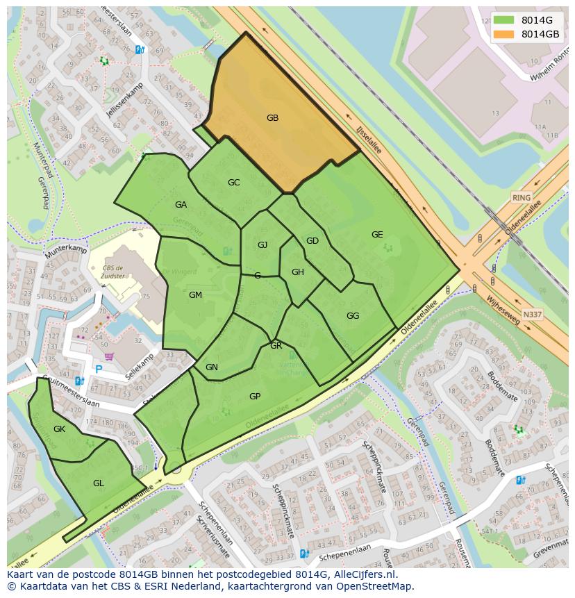 Afbeelding van het postcodegebied 8014 GB op de kaart.