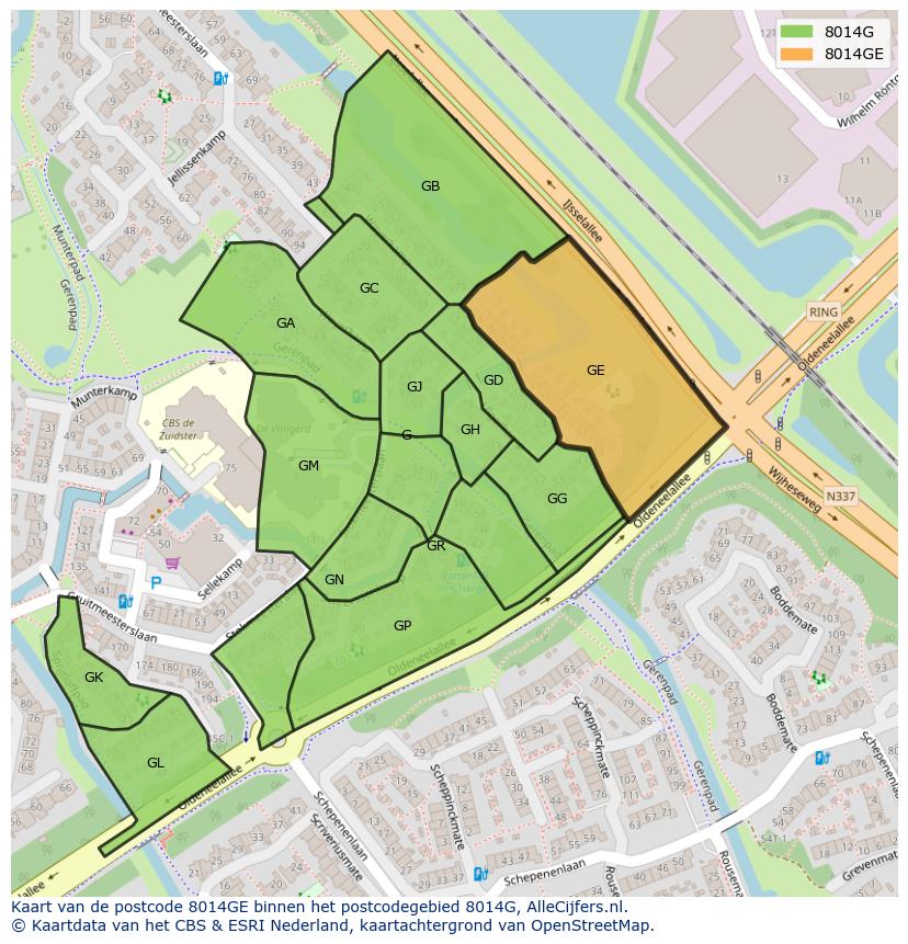 Afbeelding van het postcodegebied 8014 GE op de kaart.