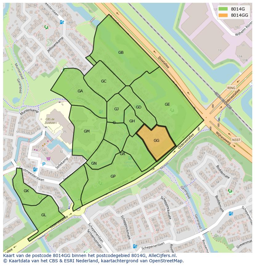 Afbeelding van het postcodegebied 8014 GG op de kaart.