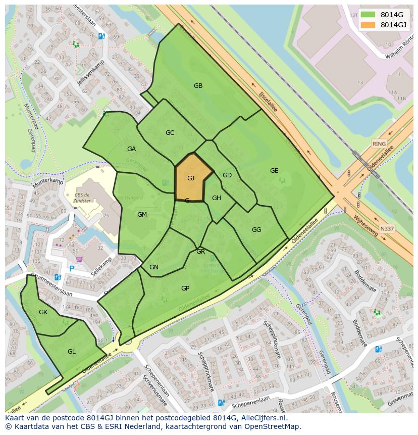 Afbeelding van het postcodegebied 8014 GJ op de kaart.