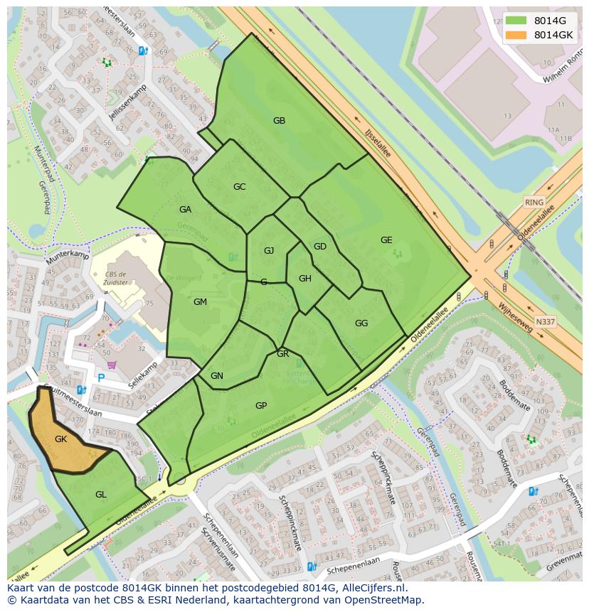 Afbeelding van het postcodegebied 8014 GK op de kaart.