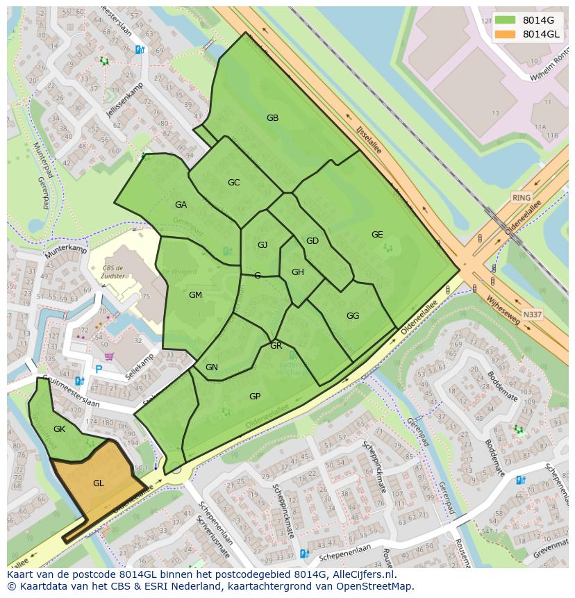 Afbeelding van het postcodegebied 8014 GL op de kaart.