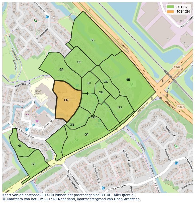 Afbeelding van het postcodegebied 8014 GM op de kaart.