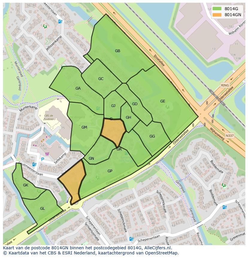 Afbeelding van het postcodegebied 8014 GN op de kaart.