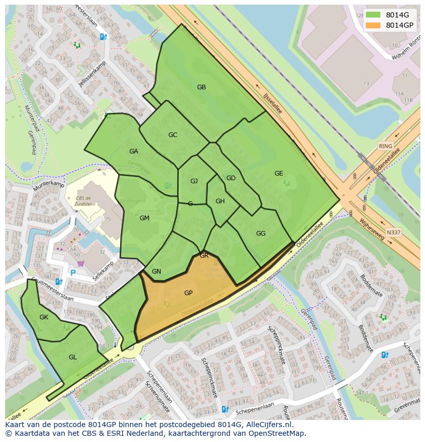 Afbeelding van het postcodegebied 8014 GP op de kaart.