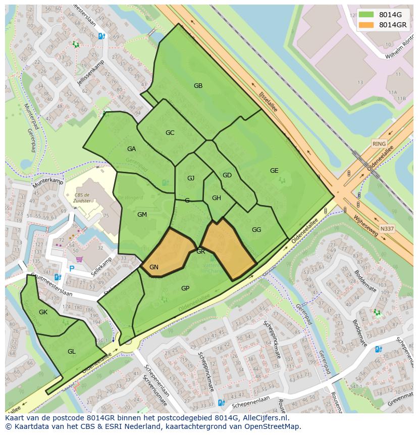Afbeelding van het postcodegebied 8014 GR op de kaart.