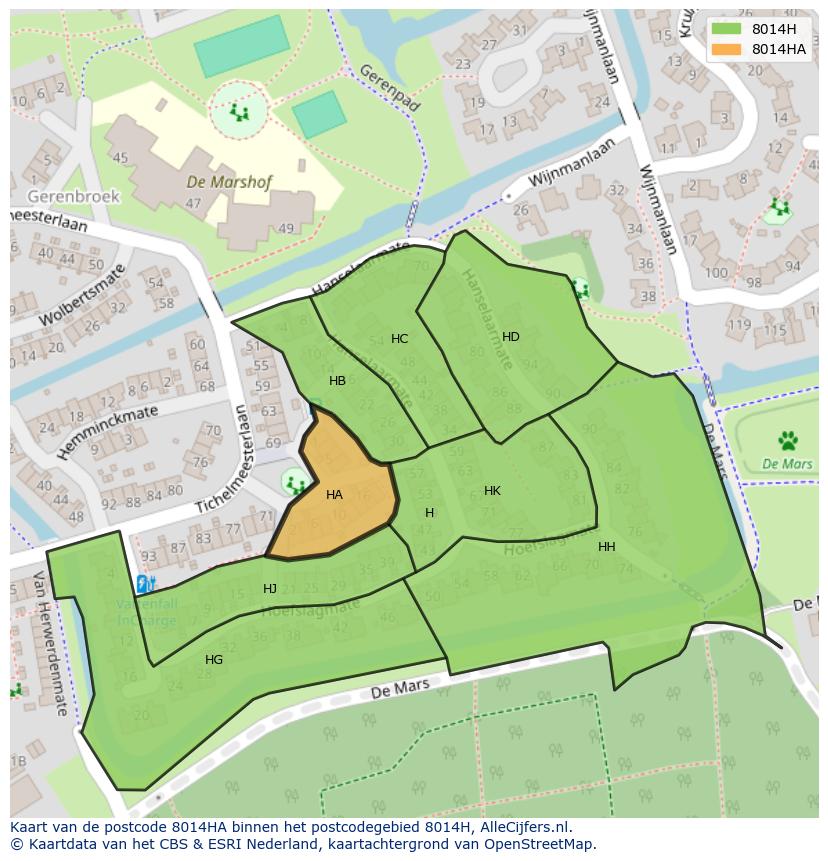 Afbeelding van het postcodegebied 8014 HA op de kaart.