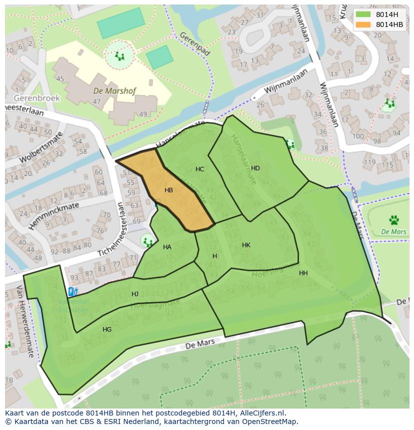 Afbeelding van het postcodegebied 8014 HB op de kaart.