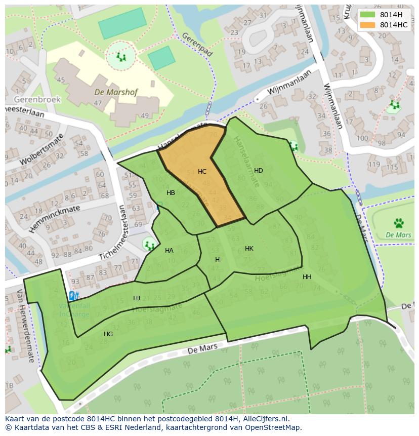 Afbeelding van het postcodegebied 8014 HC op de kaart.