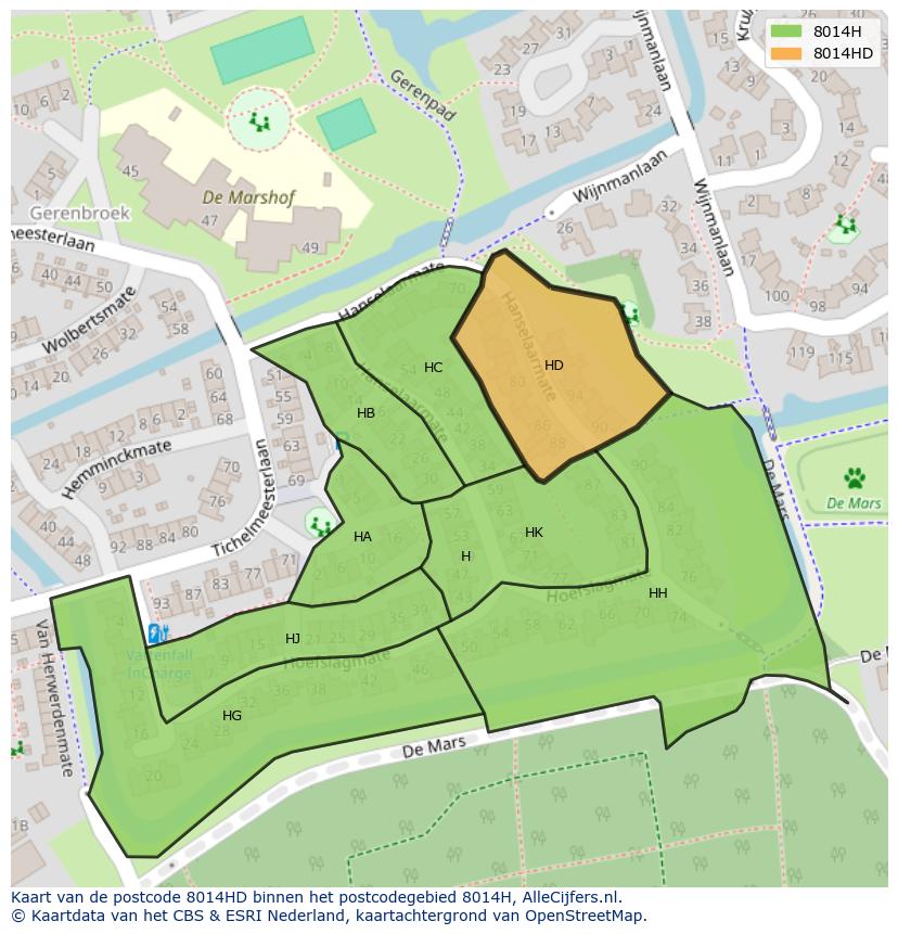 Afbeelding van het postcodegebied 8014 HD op de kaart.