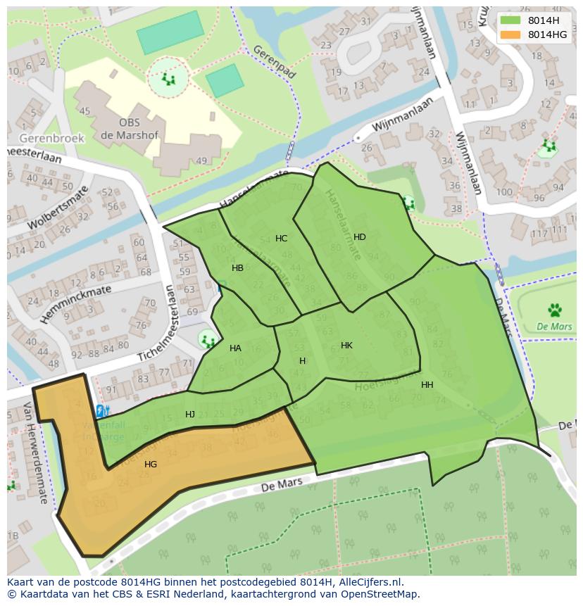 Afbeelding van het postcodegebied 8014 HG op de kaart.